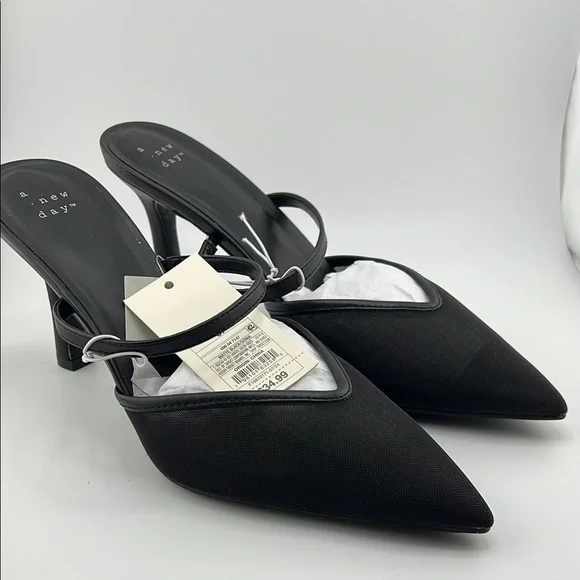 A New Day Black Mesh Pointed-Toe Heels with Ankle Strap - Picture 1 of 3